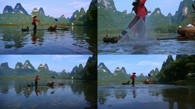 4K广西桂林山水渔翁撒网捕鱼升格
