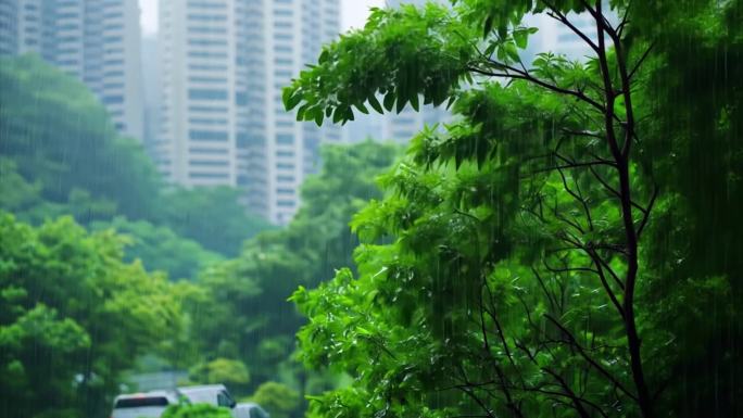 城市乡村小区下雨雨季大雨道路狂风