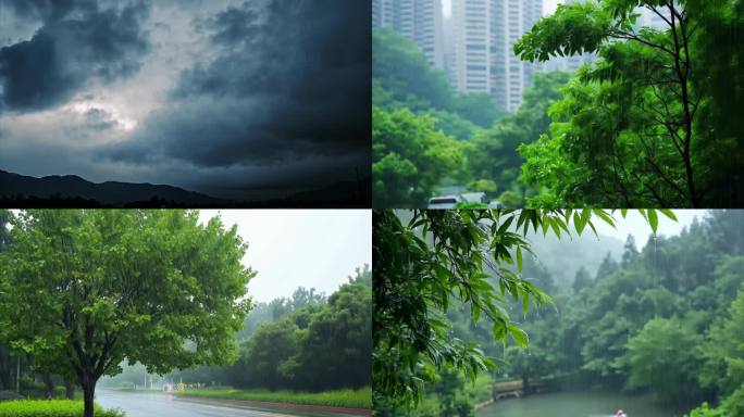 城市乡村小区下雨雨季大雨道路狂风