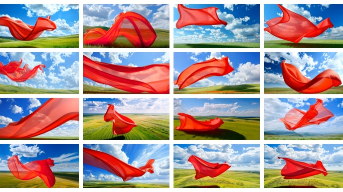 04红色丝绸 丝绸飘动 草原