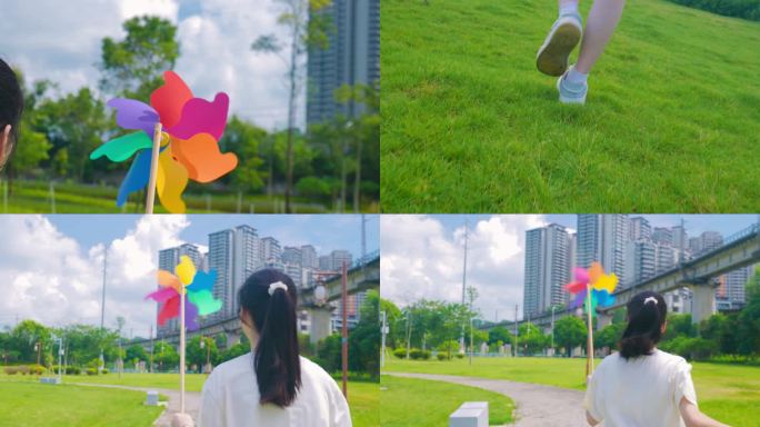 女孩拿彩色风车前行，奔跑