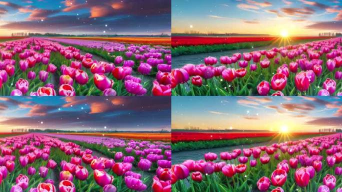 宽屏春日暖阳下绚烂绽放的郁金香田