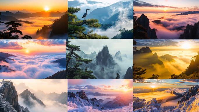 黄山日出云海雪景迎客松航拍