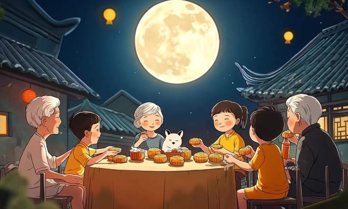 中秋节卡通动画 一家人吃月饼