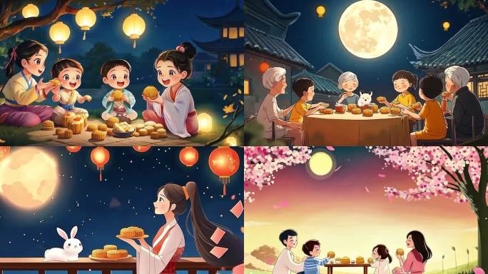 中秋节卡通动画 一家人吃月饼