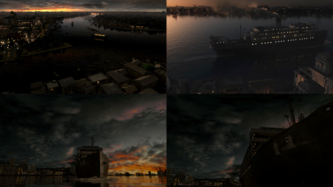 4K民国老上海滩夜景 外滩邮轮起航