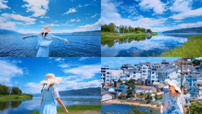 女生洱海漫步旅游旅行惬意