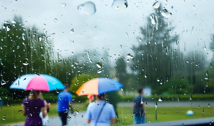 雨天透过玻璃窗看撑着雨伞的行人