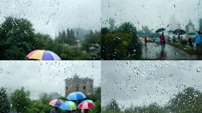 雨天透过玻璃窗看撑着雨伞的行人