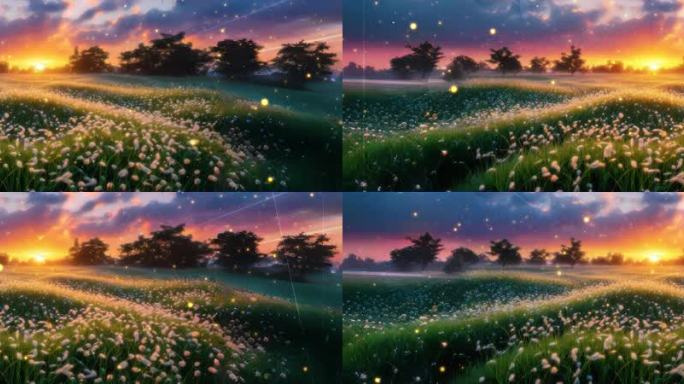 8K黎明曙光中轻纱覆盖的草丛间