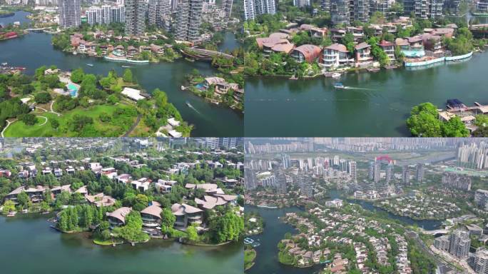 航拍成都高端别墅住宅麓湖别墅群