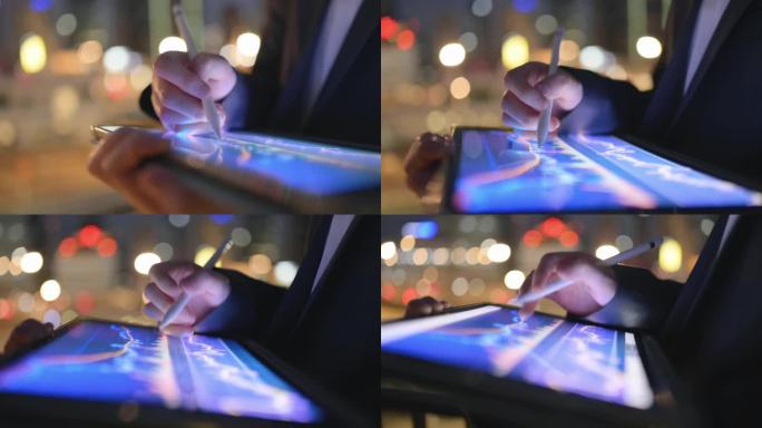 图为一位日本商人用智能手机监控金融趋势和股市数据，突出了移动设备的作用