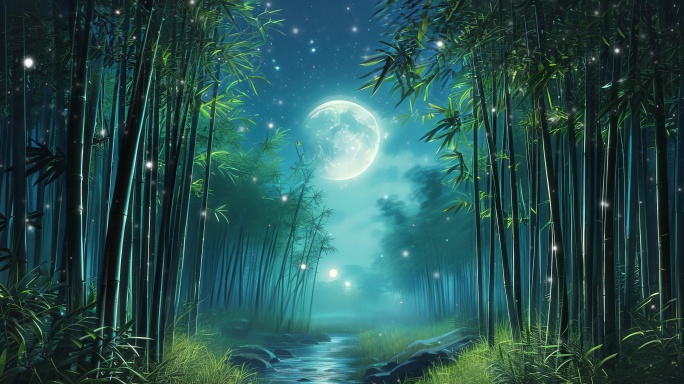 8K夜幕低垂时月影婆娑的竹林境
