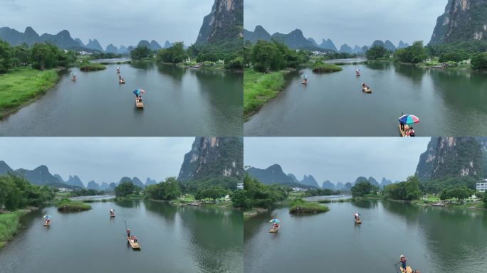 航拍桂林阳朔遇龙河人工竹筏