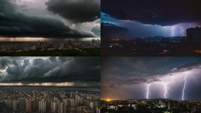 城市乌云密布 电闪雷鸣   暴风雨来临