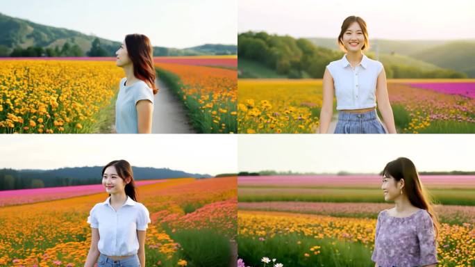 年轻女人花田花海中行走 清晰绿色春天