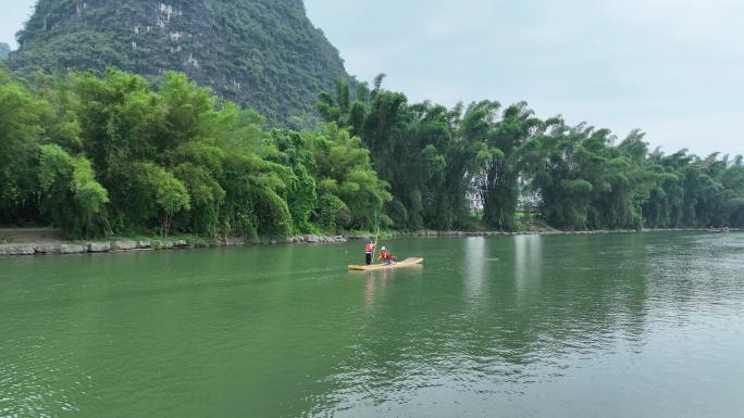 航拍桂林阳朔遇龙河人工竹筏