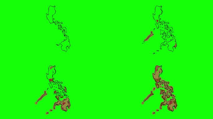 菲律宾动画轮廓和绘制地图-在带有Alpha通道的绿屏上自绘线条艺术-民族自豪感和身份