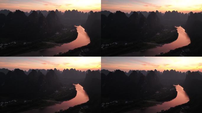 航拍桂林阳朔漓江晚霞剪影