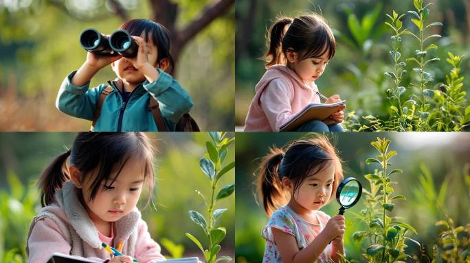 儿童在大自然中探索观察植物生长