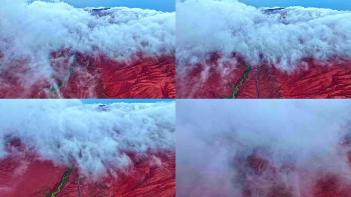 新疆吐鲁番火焰山沙漠云海穿云航拍