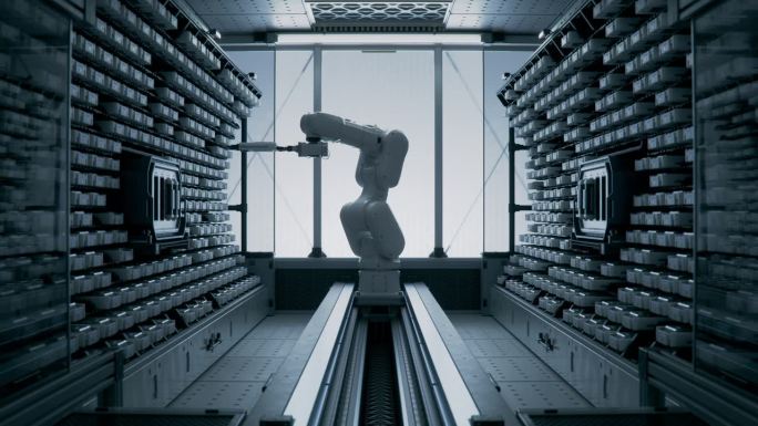 洁净室与自动化企业数据管理和存储解决方案，高精度机械臂。高科技工厂里带有机械臂的未来存储和处理室。在