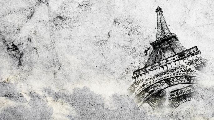 巴黎的埃菲尔铁塔平滑地出现在旧纸上，随着时间的推移，天空中有云。创意，结合3D 4K视差视频的高品质