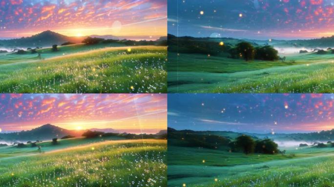 宽屏清晨露珠点缀的晶莹草原风光