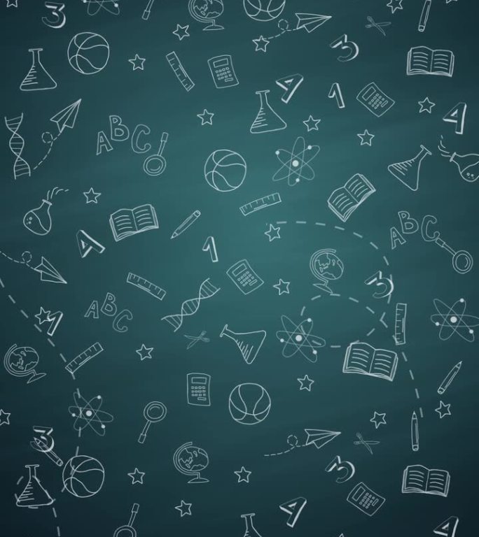 深蓝色背景上手绘的学校用品图标动画。循环运动图形。垂直视频。