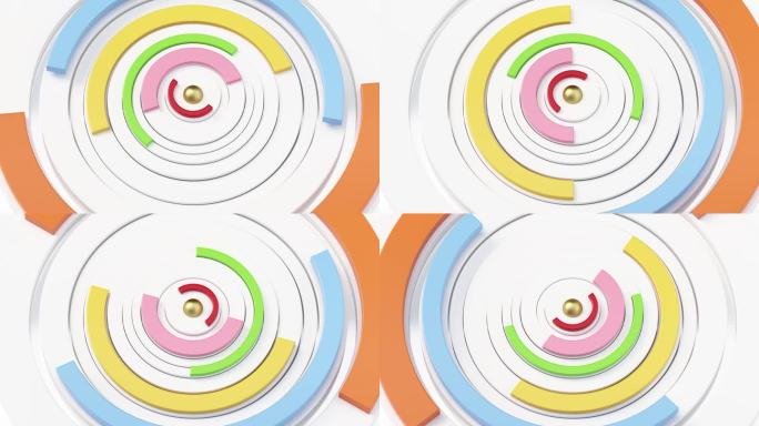 3D动画旋转彩色同心圆创建一个动态模式与中心球在一个迷人的显示互动