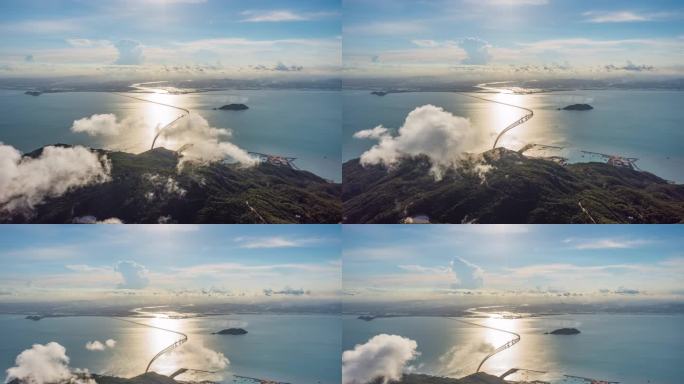 壮丽海湾大桥云雾景观蜿蜒跨海大桥日出航拍