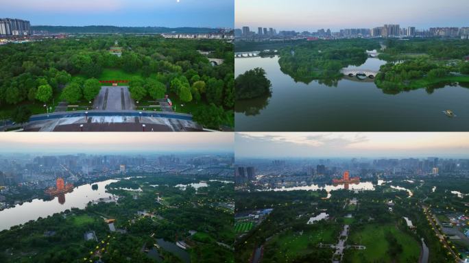 4K眉山市东坡城市湿地公园夜景傍晚