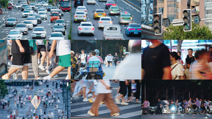城市人流车流脚步红绿灯十字路口视频延时