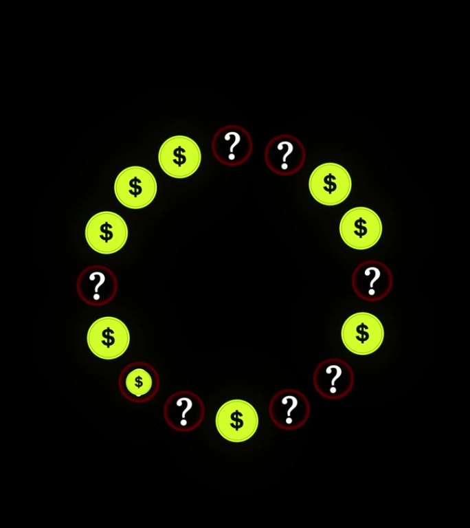 问号排成一个圆圈，变成一美元硬币。经营理念，数字内容。商业和金融。为您的项目和解释器视频。黑色背景垂