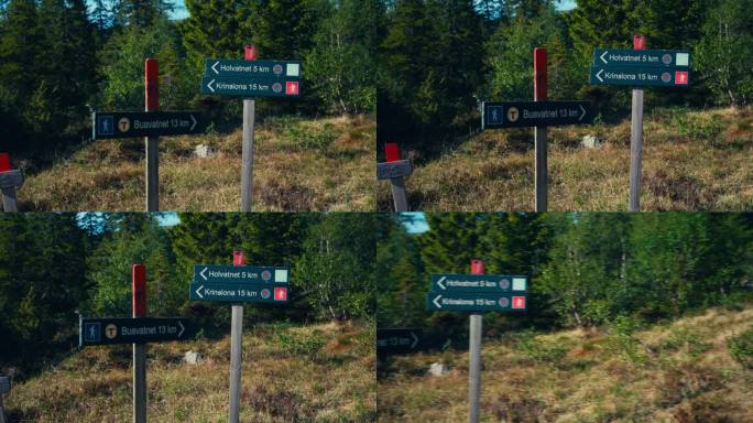 挪威因德福森斯库文徒步小径上的指示牌。平移镜头