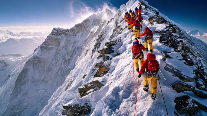 攀登雪山团队徒步励志奋斗登顶顶峰日照金山