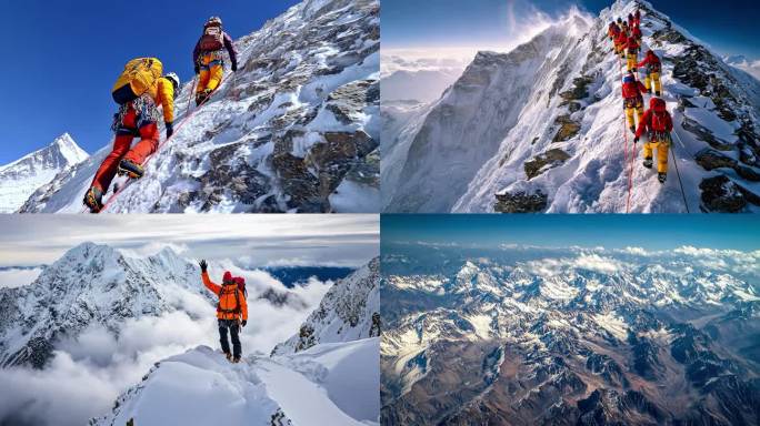 攀登雪山团队徒步励志奋斗登顶顶峰日照金山