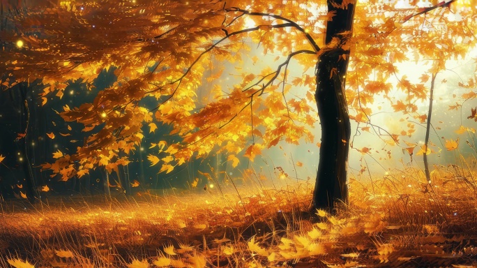 宽屏秋风萧瑟中金黄满地的枫叶林