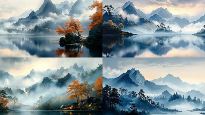 宽屏中国山水画水墨画自然风景背景
