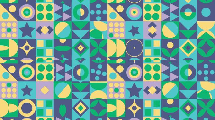 几何图案循环。圆形，正方形，三角形动画。现代主义抽象无缝循环背景。包豪斯设计风格。4K库存视频