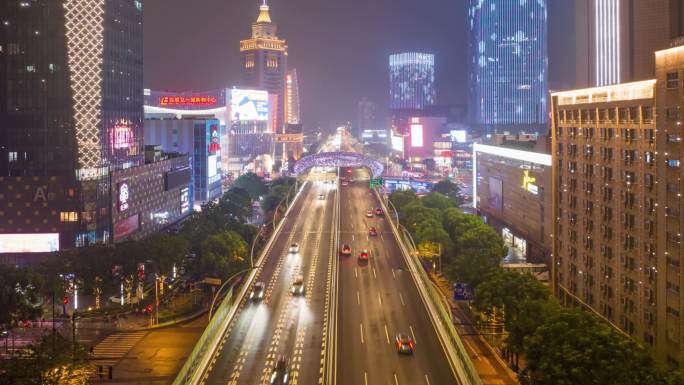 航拍大范围延时上海五角场夜景车流