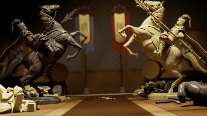 三维中国象棋对弈金属浇筑破碎片头