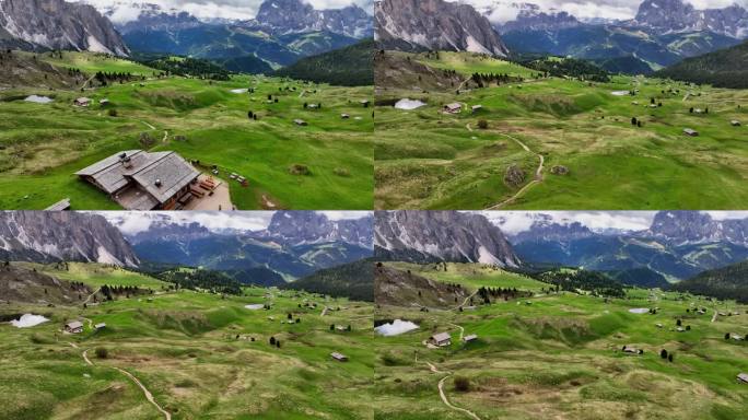 鸟瞰图，塞塞达山的岩石山峰在意大利的白云石中触碰到云层