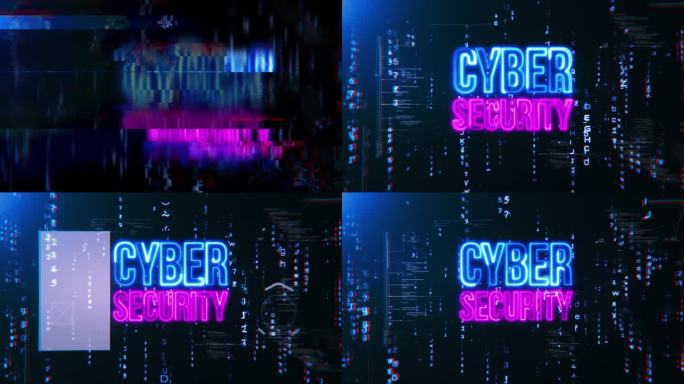网络安全蓝粉色霓虹灯文本故障效果电影标题抽象背景。