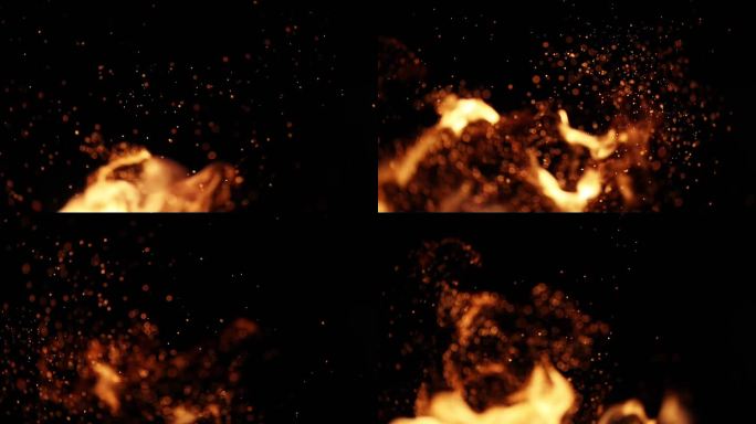 黑色背景上燃烧的火焰和飞溅的火花。可以使用添加或屏幕混合模式作为覆盖设计元素。慢动作视频