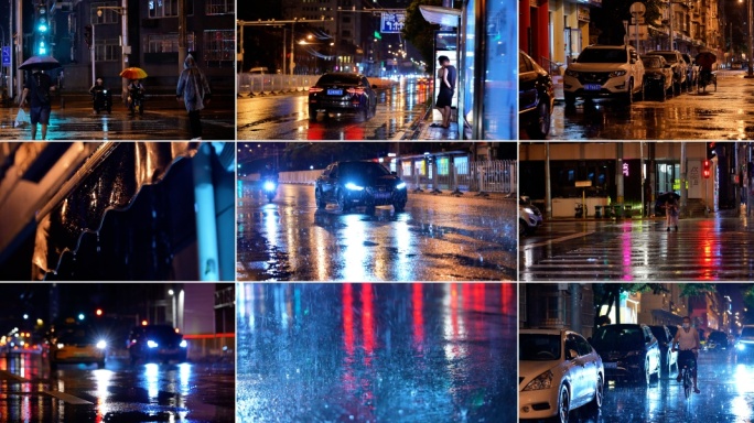 下雨城市夜景街景雨夜唯美空镜