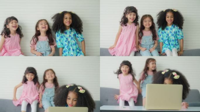 三个不同的女孩微笑着在笔记本电脑上观看内容，分享在线学习的快乐时刻。