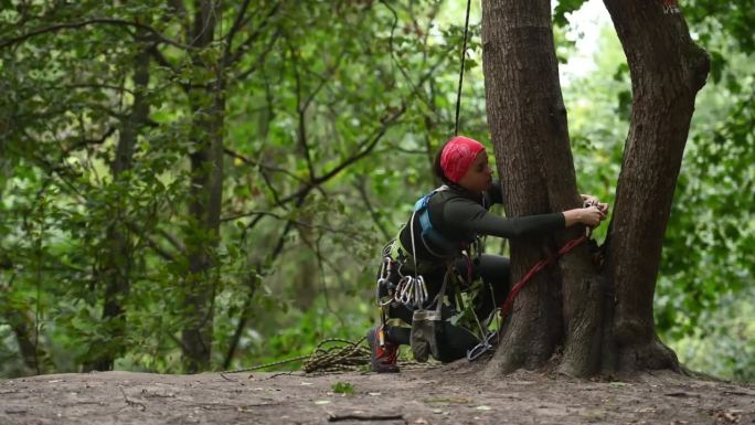 一个登山者带着他的装备在岩石山的森林里