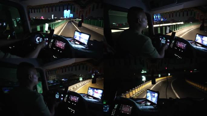 高速公路大货车司机连夜开车驾驶室实拍素材