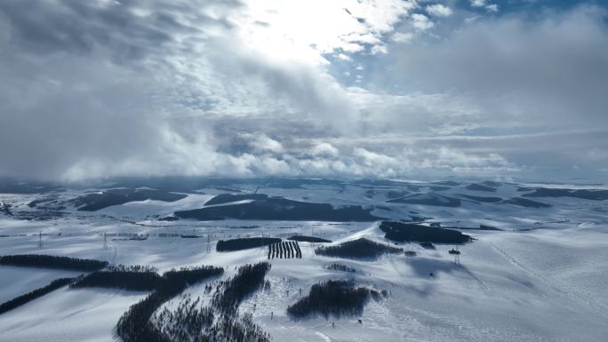 空中拍摄内蒙古寒冬丘陵雪原风光